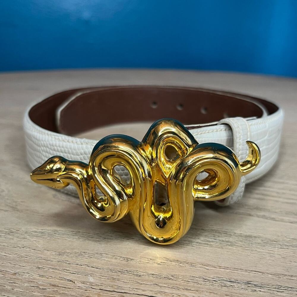 Kieselstein-Cord Snake Serpent Gold Art Bronze Buckle White Lizard Belt RARE